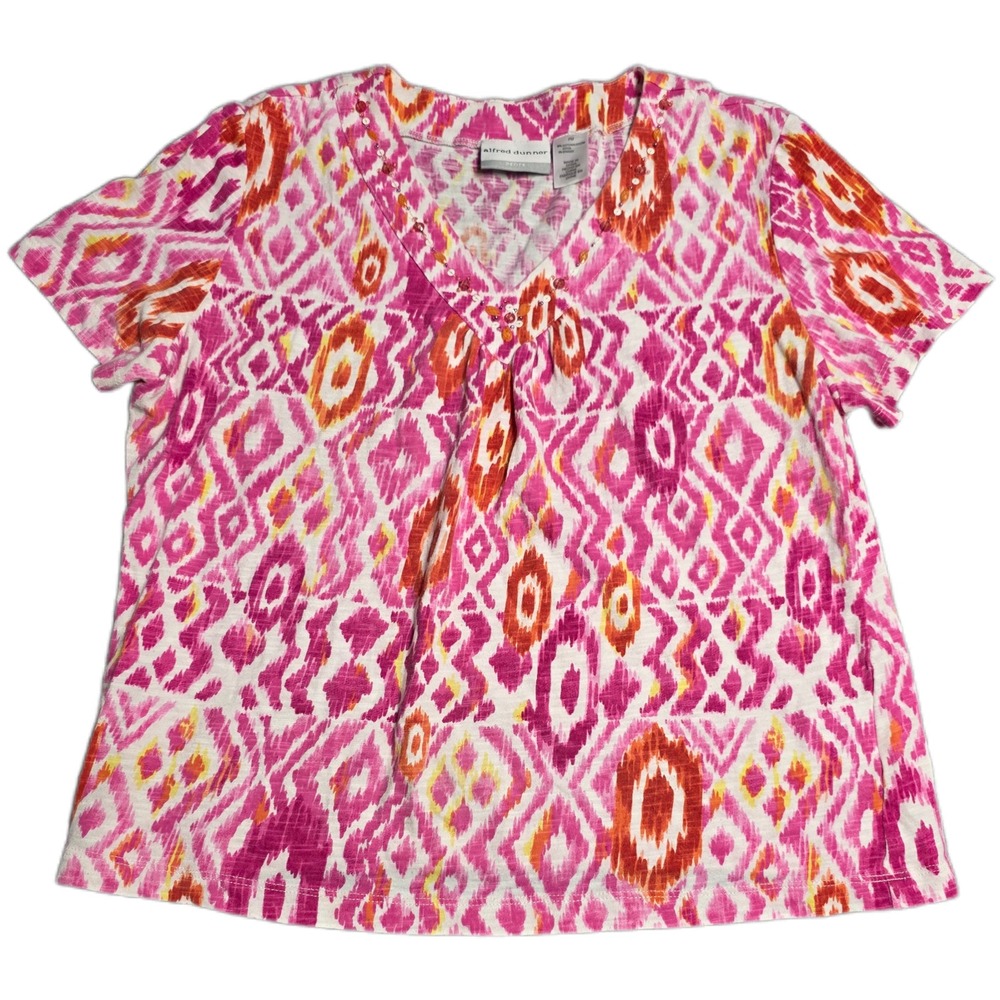 Alfred Dunner Petite Ikat V-Neck Blouse Women's Size PM Pink Short Sleeve Beaded